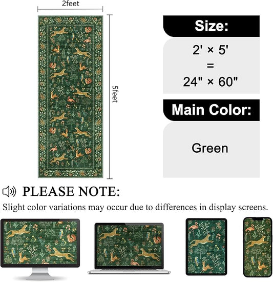 DUKINO 2x5 Rug for Hallway, Washable Kitchen Runner Rug with Non Slip Backing, Soft Low Pile Vintage Animal Runner for Bedroom, Kitchen, Hallway, Entryway, Laundry, Green
