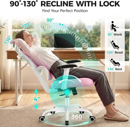 Ergonomic Office Chair High Back Desk Chair with Lumbar Support, Breathable Mesh Computer Chair with Adjustable Armrests Height, Reclining Swivel Big and Tall Gaming Chair for Home Office(Pink)