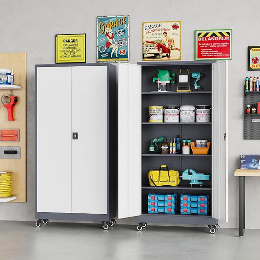 75" Tall Metal Storage Cabinet with Wheels,Rolling Garage Storage Cabinet with Lock,Gray White Metal Cabinets with Wheels and Shelves,Locking Tool Cabinets on Wheel for Garage,Home,Office,Shop
