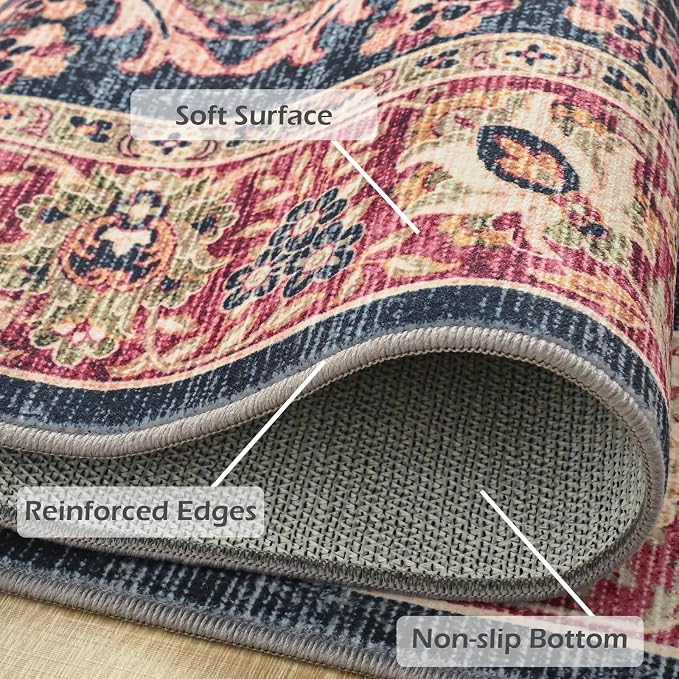 Goideal Washable Rug 4x6, Vintage Area Rugs Non Slip, Indoor Low Pile Carpet with Rubber Backing for Living Room Kitchen Bathroom Entryway Office Bedroom,Deep Navy & Terracotta
