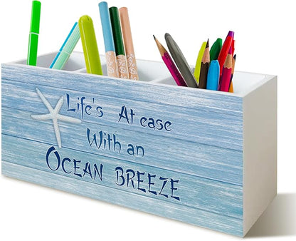 Coastal Beach Pen Pencil Holder for School Home Office Desk, Beach Decor Wooden Pencil Holder Sign Organizer for Home Office Desk Accessories, Coastal Gifts for Women Men