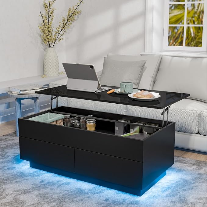 HOMMPA 40'' Lift Top Coffee Table for Living Room, Black Coffee Tables with Storage, LED Modern Coffee Table Rectangular Black Gloss, Flip Top Center Table with 2 Drawers and Hidden Compartment