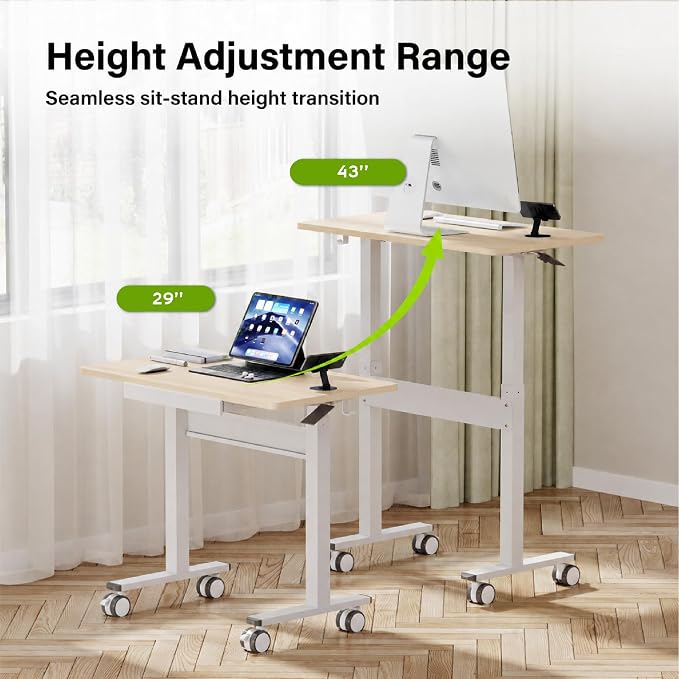 Standing Desk for Walking Pad with Wheels, Pneumatic Cordless Height Adjustable Rolling Desk, Computer Workstation with Drawer Hook Locking Casters for Treadmill Home Office, Light Wood
