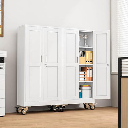 Metal Garage Storage Cabinets and storage system, 61”Tall Rolling utility cabinet with Wheels, Lock, 3 Adjustable Shelves, Heavy Duty Steel Tool Locker for Home Office, Utility Room, Gym,White
