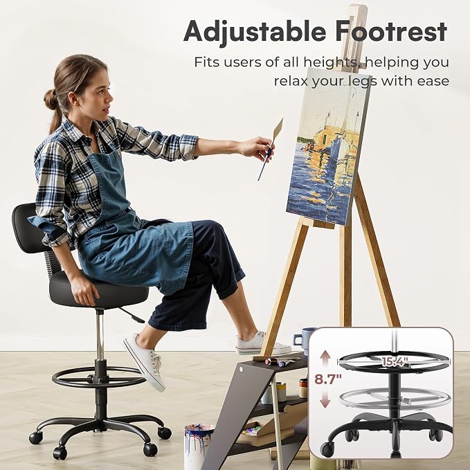SUPERJARE Drafting Chair with Back, Adjustable Foot Rest Rolling Stool, Multi-Purpose Office Desk Chair, Thick Seat Cushion for Home Bar Kitchen Shop - All Black