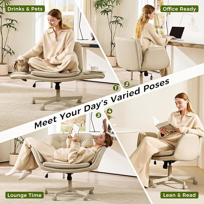 amseatec Criss Cross Chair with Armrests & Wheels, PU Leather Vanity Chair, Comfortable Adjustable Swivel Computer Office Desk Chairs for Home, Make Up, Bed Room (Cream White)