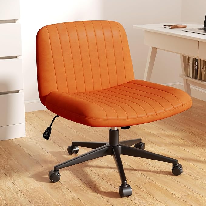 Criss Cross Chair with Wheels, Cross Legged Office Chair, Armless Office Chairs Adjustable Height Swivel Tilting Vanity Chairs for Home Bedroom (PU Leather, Orange)