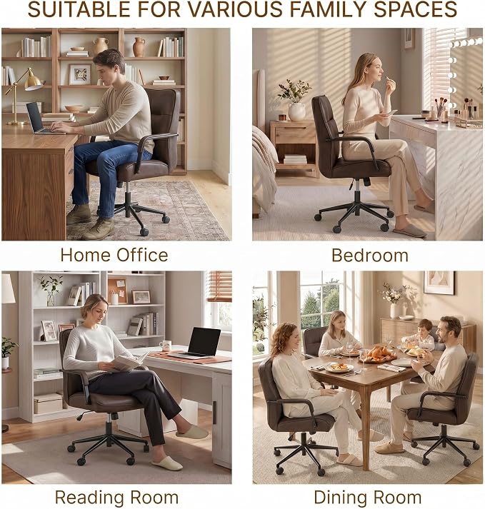 KISLOT Ergonomic Home Office Chair with Lumbar Support, Adjustable Swivel Modern Desk Chair with Wheels, Faux Leather Computer Chair with Padded Arms, Comfy Executive Office Chair, 2 PCS, Espresso