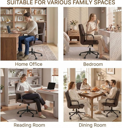 KISLOT Ergonomic Home Office Chair with Lumbar Support, Adjustable Swivel Modern Desk Chair with Wheels, Faux Leather Computer Chair with Padded Arms, Comfy Executive Office Chair, Espresso