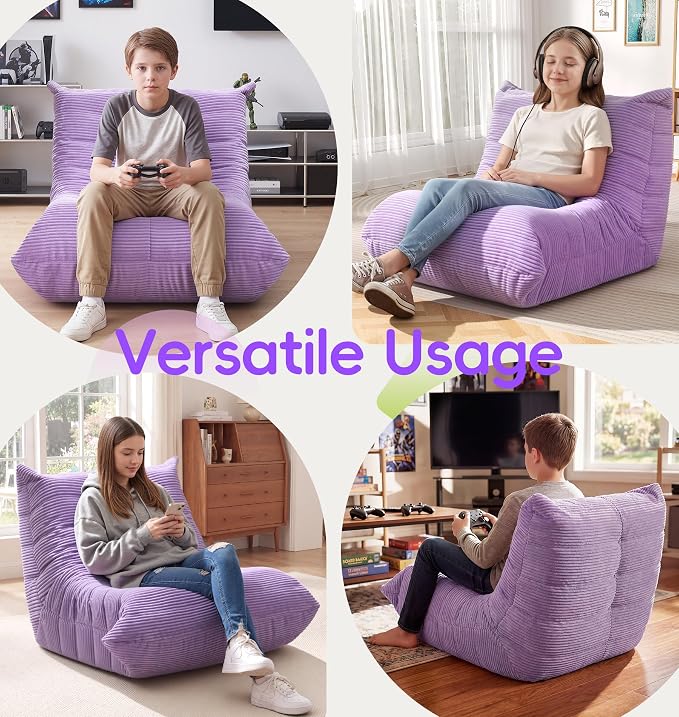Hobestluk Medium Bean Bag Chair Faux Fur Fabric BeanBag Couch for Playroom | Purple Corduroy,Ergonomic Design,Memory Foam,Strong Supportive,No Assembly Required,DecorativeStyle for Living Room Bedroom