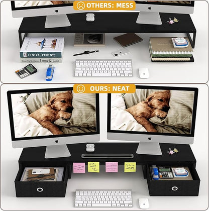 39 Inch Dual Monitor Stand Riser with 2 Drawers - Large Black Wooden Computer Stand for 2 Monitors, Ergonomic Desk Organizer with Phone Holder, Desktop Storage for Laptop, Office Supplies, Home Office