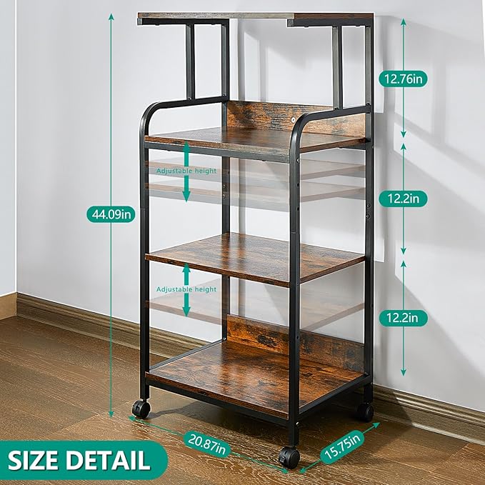 4-Tier Printer Stand with Adjustable Shelves and Wheels, Tall Printer Table with Storage for Home Office, Rolling Printer Cart for Small Spaces, Rustic Brown