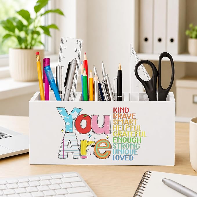 Boho Inspirational Pen Holder for Desk, You Are Kind Motivational Quotes Wooden Box Sign Desk Decor for Classroom Kids Room Home Office Decoration, Colorful Positive Pencil Organizer