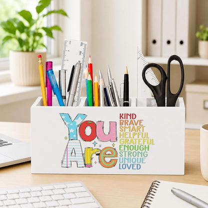 Boho Inspirational Pen Holder for Desk, You Are Kind Motivational Quotes Wooden Box Sign Desk Decor for Classroom Kids Room Home Office Decoration, Colorful Positive Pencil Organizer