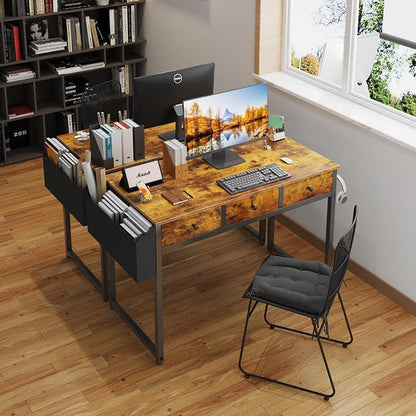 Lufeiya 40 Inch Desk with Drawers for Bedroom - 39 Inch Home Office Desks with 3 Fabric Storage Drawer and Pocket, Study Writing Table Rustic Computer Desk, Vintage Brown