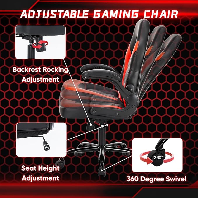 NEWBULIG Gaming Office Chair, Ergonomic High-Back with Flip-Up Armrests, Adjustable Height, Lumbar Support, PU Leather Comfort Seat & 360° Silent Swivel Wheels, for Home/Office, Red