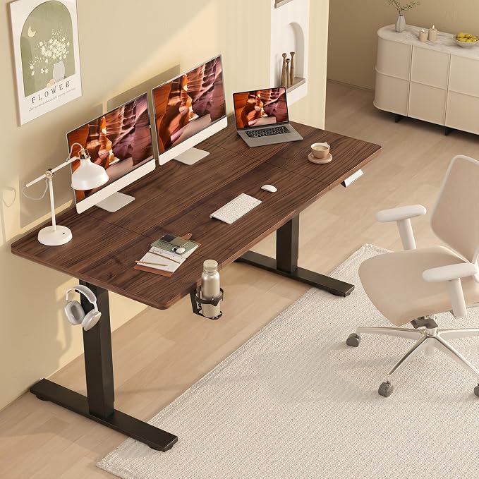 Electric Height Adjustable Standing Desk 63 x 31 Inch Home Office Computer Desk with Memory Preset Cup Holder and Cable Management, Walnut