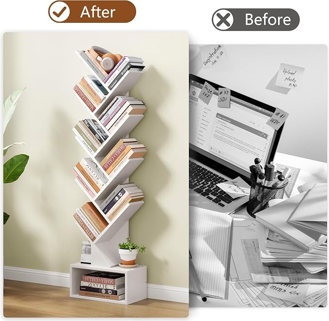 Hoctieon 9 Tier Tree Bookshelf, Tall Bookcase with Drawer, Wood Book Shelf, Modern Floor Standing Bookshelves, Book Organizer Shelves for Bedroom, Living Room, Home Office, White