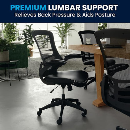 Flash Furniture Kelista Mid-Back Swivel Office Chair with Adjustable Seat Height, Ergonomic Mesh Desk Chair with LeatherSoft Seat, Black