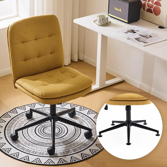 VINGLI Mid Back Armless Office Desk Chair with Wheels/no Wheels,360°Rocking Swivel Vanity Chair with Thickened Cushion,Adjustable Height Rolling for Reading Room, Make up, Linen Ginger Yellow