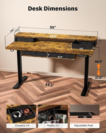 FiCiHi Electric Standing Desk with Four Drawers, 55 x 24 Inch Adjustable Height Sit Stand Desk, C-Clamp Compatible Home Office Desk with Storage Shelf & Monitor Stand Riser, Rustic Brown