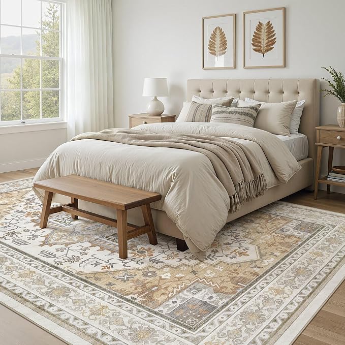 UERMEI 5x7 Area Rug for Living Room - Washable Vintage Carpet, Non-Slip Soft Large Indoor Floor Rugs for Bedroom Home Office & Under Dining Table Decor, Brown Beige