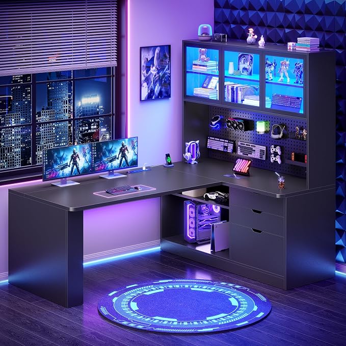 SEDETA L Shaped Computer Desk, L Shaped Corner Gaming Desk with 3 Wood Drawer and Large Bookshelf, Home Office Desk with LED Light, Display Cabinet and Pegboard, 27.5" W Large Desktop Table, Black
