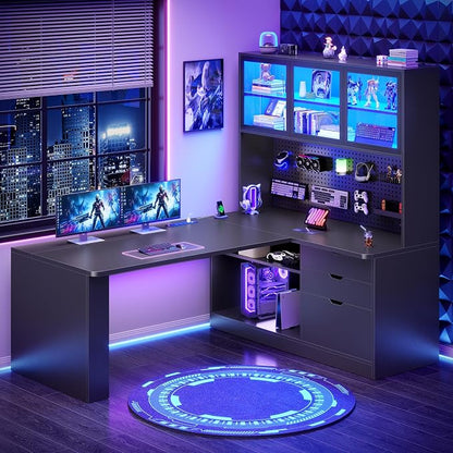 SEDETA L Shaped Computer Desk, L Shaped Corner Gaming Desk with 3 Wood Drawer and Large Bookshelf, Home Office Desk with LED Light, Display Cabinet and Pegboard, 27.5" W Large Desktop Table, Black