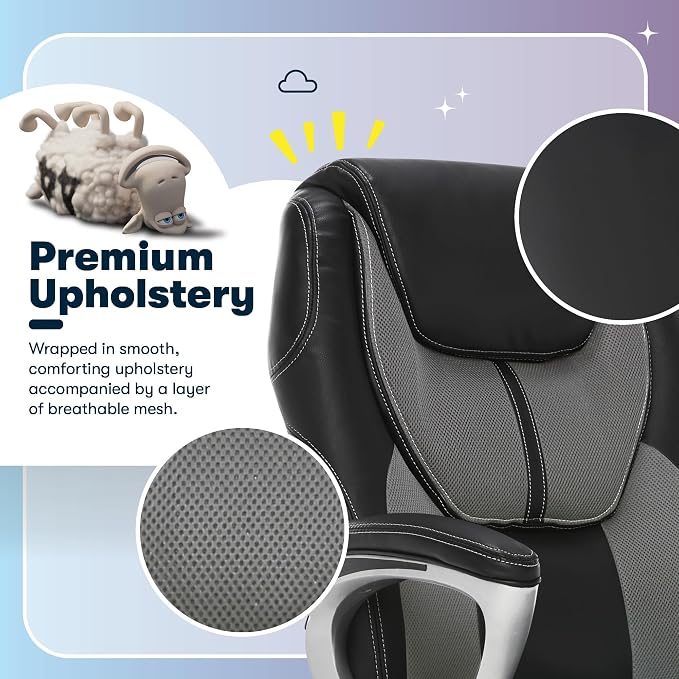 Serta Amplify Executive Office Chair with Faux Leather and Mesh, Adjustable Ergonomic Comfy Seat with Lumbar Support, Modern Computer DeskChairs, Swivel Rolling Wheels, Gray