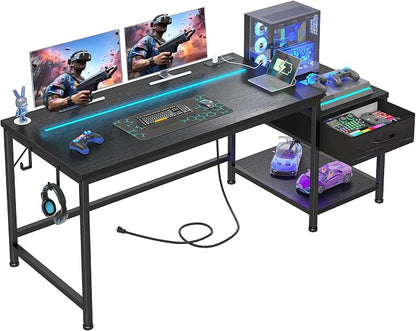 56 Inch Gaming Desk with Printer Shelf and LED Lights,Reversible Computer Desk with Drawers and Power Outlets,Study Table with Hooks for Headphone,Bags,Black Desk Work Desk for Teen Bedroom,Dorm