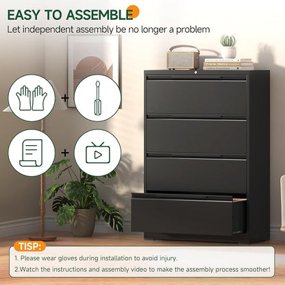Lateral File Cabinet 4 Drawer, Metal File Cabinet with Lock | Filing Cabinets for Home Office, Black Locking Deep Drawer for Hanging Files Letter/Legal/A4/F4 Size, Assembly Required