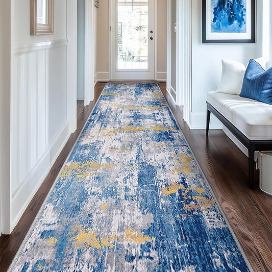 RELEANY Washable Area Rugs 2'x10' Non-Slip Modern Abstract Soft for Living Room Entryway Bedroom Kitchen, Print Pattern, Grey Blue Gold/Golden