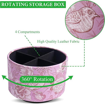 Round Leather Art Supply Organizer,Remote Control Holder,360 Degree Spinning,Multi-Functional Pencil Holder,4 Compartments Desktop Stationary Organizer(1-Purple Bird)