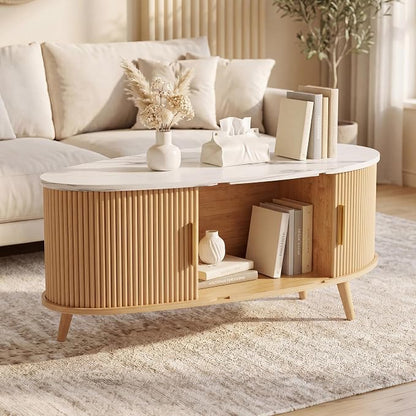 Seang Fluted Coffee Table with Storage,39" Oval Coffee Table with Dual Sliding Doors,Wooden Center Table for Living Room Home Office,Natural