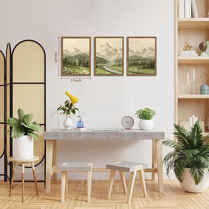 Framed Mountain Wall Art for Living Room, Green Nature Landscape Canvas Wall Decor Set of 3, Vintage Forest Rustic Farmhouse Prints Pictures Paintings for Office Bedroom 12x16 Inch