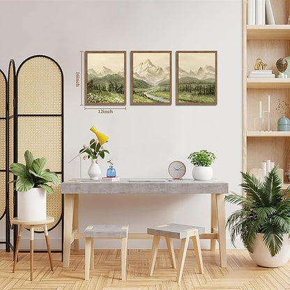 Framed Mountain Wall Art for Living Room, Green Nature Landscape Canvas Wall Decor Set of 3, Vintage Forest Rustic Farmhouse Prints Pictures Paintings for Office Bedroom 12x16 Inch