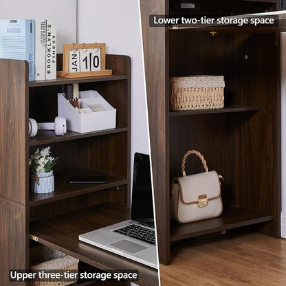 Foldable Desk with Storage,Hidden Desk with Built-in Socket,Fold Out Writing Table for Small Spaces,Home Office and Bedroom (Dark Walnut)