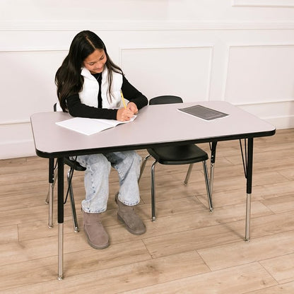 FDP Rectangle Activity School and Office Table (24 x 48 inch), Standard Legs with Swivel Glides, Adjustable Height 19-30 inches; Quick Ship Single Box - Gray Top and Black Edge