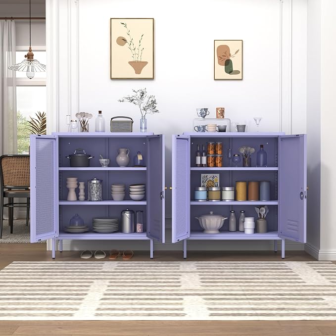 Metal Storage Cabinet with Mesh Doors 33"H Steel Locker Cabinet with 2 Tier Adjustable Shelves Purple Lockable Metal Locker Cabinets Sideboard for Home Office Entryway Size：33" H X 29.5" W X 13.8" D