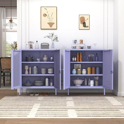 Metal Storage Cabinet with Mesh Doors 33"H Steel Locker Cabinet with 2 Tier Adjustable Shelves Purple Lockable Metal Locker Cabinets Sideboard for Home Office Entryway Size：33" H X 29.5" W X 13.8" D