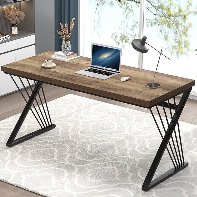 FOLUBAN Modern Home Office Desk, Wood and Metal Computer Desk, Industrial Study Writing Work Table for Bedroom Living Room, Oak, 60 Inch