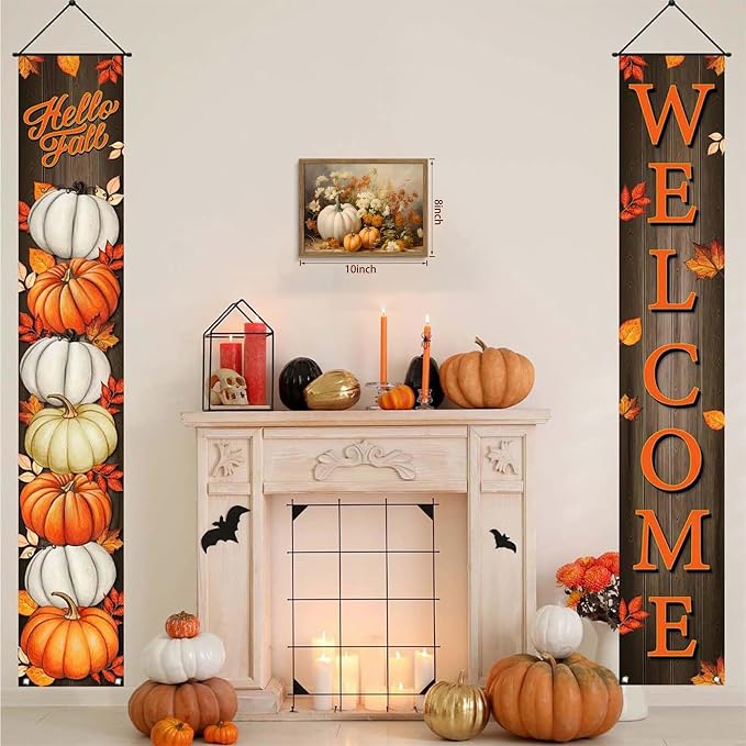 Framed Fall Pumpkin Wall Art - White Pumpkin and Autumn Floral Canvas Print, Rustic Farmhouse Harvest Halloween Thanksgiving Wall Decor for Living Room Bedroom Dining Room, 8x10in Wood Frame