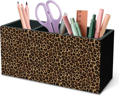 DILSJ Trendy Retro Leopard Print Pen Pencil Holder Organizer for Desk, Cheetah Room Decor, Leopard Print Gifts for Women, Cheetah Wooden Box Signs for Girly Bedroom Dorm Desk Tabletop Decor Supplies