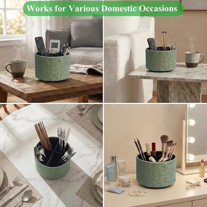 Round Leather Art Supply Organizer,Remote Control Holder,360 Degree Spinning,Multi-Functional Pencil Holder,4 Compartments Desktop Stationary Organizer(1-Soft Green)