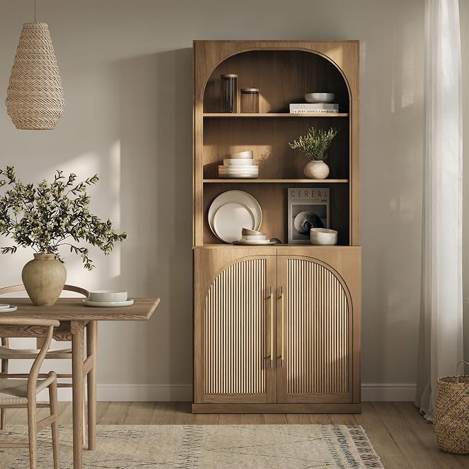 BELLEZE Tall Arched Storage Cabinet with Hutch,Modern Bookcase with Drawers,Freestanding Display Shelf with Fluted Design,Wood Highboard for Living Room,Kitchen Pantry,Home Office - Camel