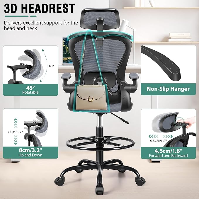 Drafting Chair, Tall Office Chair with 3D Lumbar & Head Support, Ergonomic Mesh Standing Desk Chair with Footring, Comfy Extended High Desk Chair with Flip-Up Arms & Hanger,Dark Gray