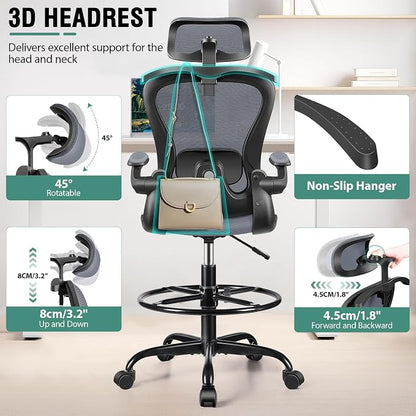Drafting Chair, Tall Office Chair with 3D Lumbar & Head Support, Ergonomic Mesh Standing Desk Chair with Footring, Comfy Extended High Desk Chair with Flip-Up Arms & Hanger,Dark Gray