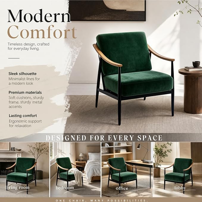 RNKSFX Modern Accent Chair for Living Room Bedroom Mid Century Arm Chair Upholstered Office Accent Chair Comfy Waiting Room Chair with Metal Frame, Green