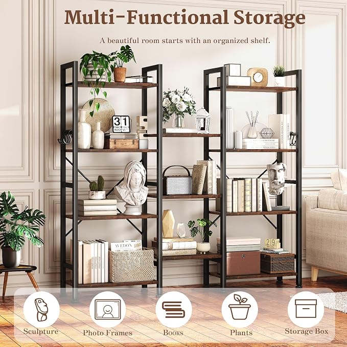 Furologee Triple 4 Tier Bookshelf, Bookcase with 11 Open Display Shelves, Large Book Shelf with 6 Hooks, Rustic Bookshelves Storage Organizer, Decorative Shelving Unit for Living Room, Home Office