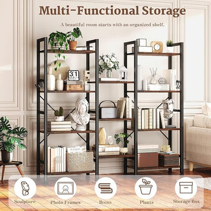 Furologee Triple 4 Tier Bookshelf, Bookcase with 11 Open Display Shelves, Large Book Shelf with 6 Hooks, Rustic Bookshelves Storage Organizer, Decorative Shelving Unit for Living Room, Home Office